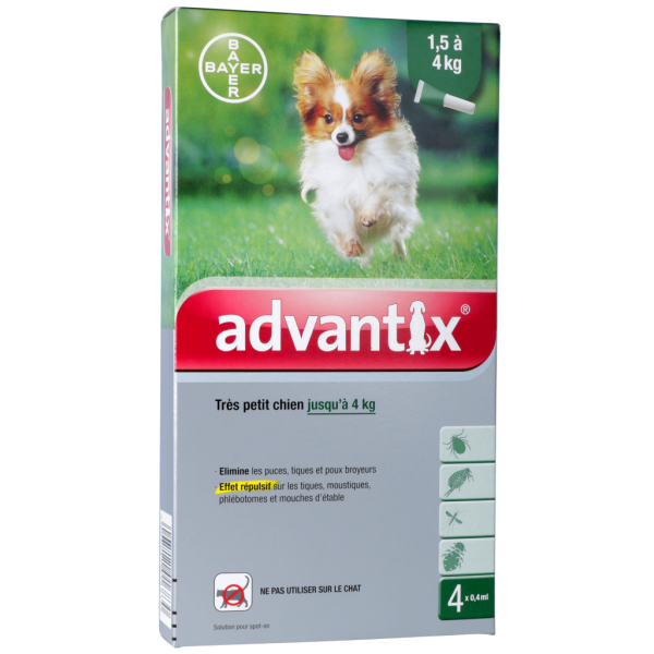 Antiparasitaire externe pour trés petit chien jusqu'à 4 kg Advantix Bayer - 4 pipettes